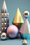 Group of 3D geometric shapes with matt pastel gradients. Abstract scene arrangement figures spheres, cylinder, cone