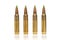 A group of 5.56 callibar, green tip bullets ordered into the line on white background