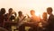 Group of 6 teenager have dinner party celebrating at sunset with