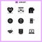 Group of 9 Modern Solid Glyphs Set for code, tire, party, studded, document