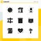 Group of 9 Modern Solid Glyphs Set for ready, pin, cooking, navigation, fire