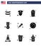 Group of 9 Solid Glyphs Set for Independence day of United States of America such as festival; fire work; drink; military; badge