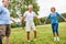 Group of active seniors with stretch band