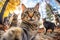 Group of adorable cats taking a selfie in a forest, AI-generated.