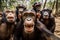 Group of adorable monkeys taking a selfie in a forest, AI-generated.