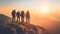 Group of adventurous hikers enjoying mountain sunset trekking together in summer journey tourism