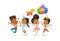 Group of African-American happy boys and girls with the balloons and birthday hats happily jumping with their hands up