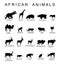 Group of African animals collection vector silhouette illustration isolated on white background. Big animals set poster. Elephant.