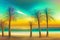 A group of African palm trees against the backdrop of the azure sea. Artistic effect. Tourism and rest. AI-generated