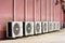 Group of air conditioner outdoor units outside of building