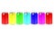 Group of aluminum cans of different colors on white background. Color theory. Primary and secondary colors