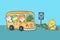 group of animal students, cat, frog, fox, crocodile and chick on bus, back to school