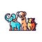 A group of animals elephant, dog and cat with different colors illustration, icon and logo