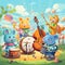 Group of anthropomorphic animals playing musical instruments in a vibrant outdoor setting