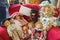 Group of Antique Dolls on a Red Couch