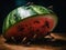 A group of ants eating a piece of watermelon. Generative AI image.