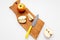 Group of apple fruit,knife,half of apples, close up fresh fruit on wooden cutting board.fruits are rich with minerals