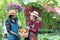 Group Asia women farmer and friend  holding a basket of vegetables organic for trading in the vineyard outdoors