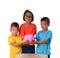 Group of asian children have fun with piggy bank isolated on white background