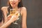 Group of asian happy young woman friends hand holding glass of wine,cheer and toast glass in celebration party dinner in pub or