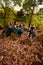 A Group of Asian women takes a vacation to the forest while wearing a green skirt and sitting on a rock