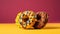 Group of assorted donuts. Chocolate, pink, yellow, green and red  on colored background.