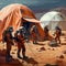 a group of astronauts around tents on a planet