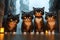 A group of astute cats with radiant necklaces, together in the city. AI generated