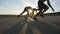 Group of athletes are crouching at starting line before a race and running together. Three young muscular men at the