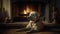 Group of Baby Labrador Retrievers by the Fireplace