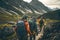Group of backpacker hiking to mountain. Generative AI