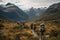 group of backpackers enjoying the view of a mountain range, with their packs in the foreground