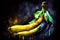 A group of bananas arranged on a dark background, generative ai illustration in watercolor style