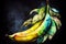 A group of bananas arranged on a dark background, generative ai illustration in watercolor style