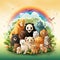a group of bears in the forest with a rainbow in the background