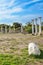 Group of beautiful marble columns belonging to Salamis ruins complex in Northern Cyprus. Salamis was ancient Greek city-state