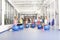 Group of beautiful young women working out on blue pilates balls