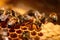 group of bees standing next to each other inside of a honeycomb. biological diversity, work of insects in beekeeping, an