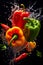 Group of bell peppers splashing into glass of water on black background. Generative AI