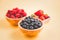 Group berry mix - strawberries, raspberries and blueberries of nature fruit in wood bowl, healthy food for diet