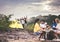 Group of best friend with hand raise up and looking beautiful view feeling happy and smiling together at rain forest,Back view