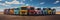 A group of big trucks parked in a parking lot. Frontal panoramic view