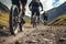 Group of bikers on beautiful day on mountain landscape