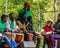 Group of black musicians at a concert with drums at a festival for the first of May, Labour Day