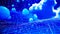 Group of blue balls floating in the air with wire structure in front of them. Generative AI