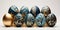 A group of blue and gold decorated eggs