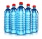 Group of blue plastic drink water bottles
