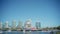 Group of boats in False Creek inlet with Science World museum in the background in Vancouver, BC