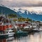 a group of boats parked in a harbor near mountains and a dock