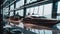 A group of boats sitting inside of a building. AI generative image.